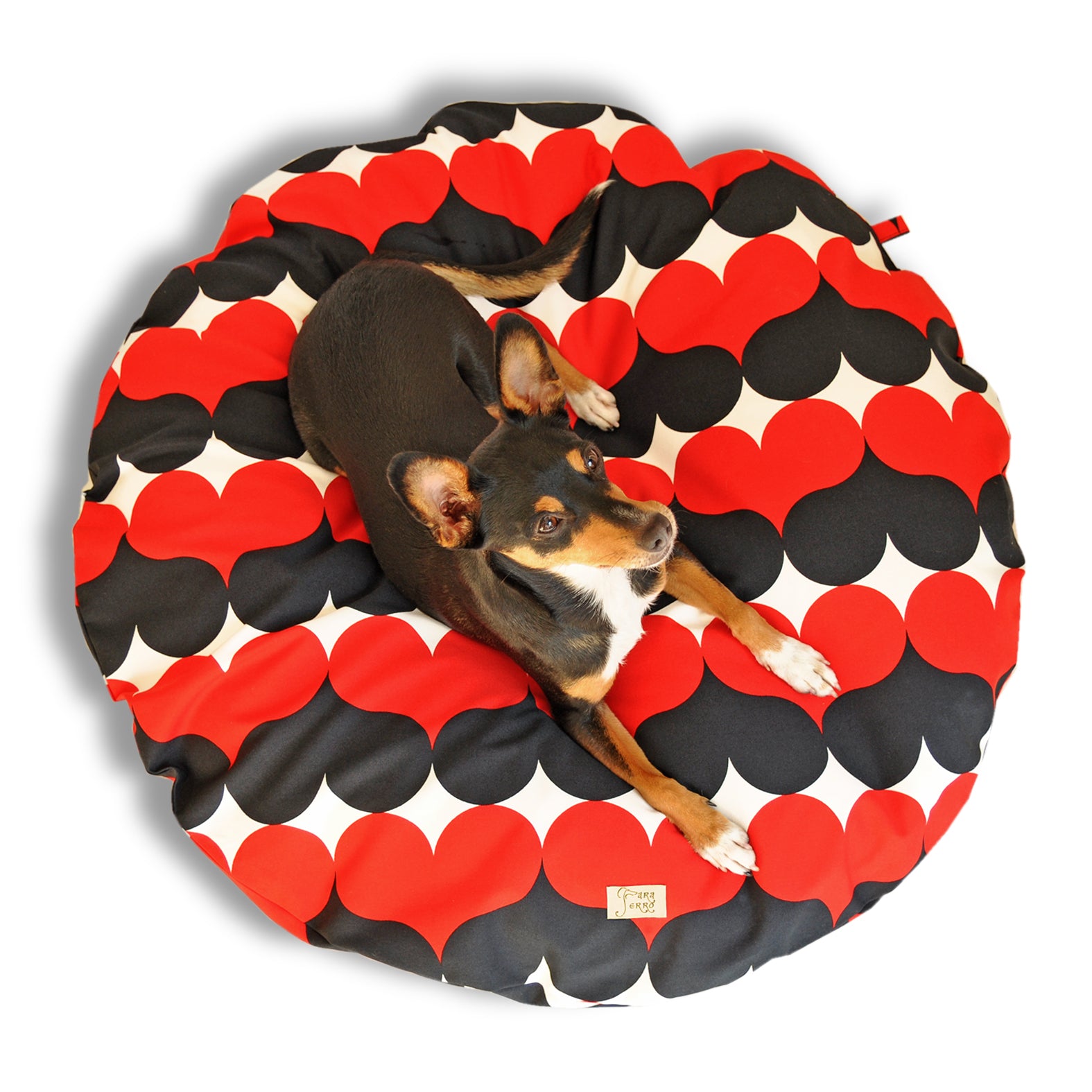 Rundes Hundebett im Retromuster für sehr kleine Hunde mit Herzen in Rot und Schwarzbedruckt