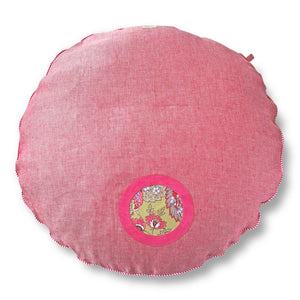 Hundebett rund in rot melierter Baumwolle und Applikation aus veganem Wildleder in Pink und abstrakten Blumen - für kleine und mittelgroße Hunde
