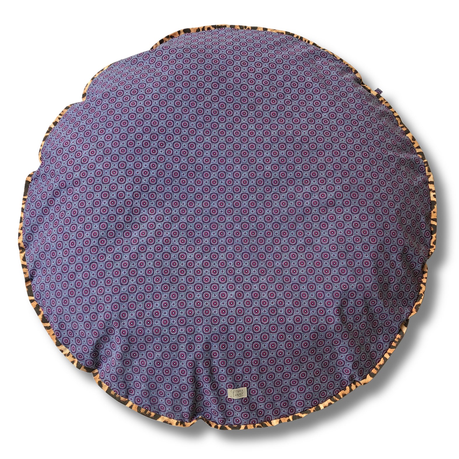 Rundes Hundebett im Ethno-Muster Afrika und Leoparden-Paspel in Blau, Rot und Weiß für große Hunde