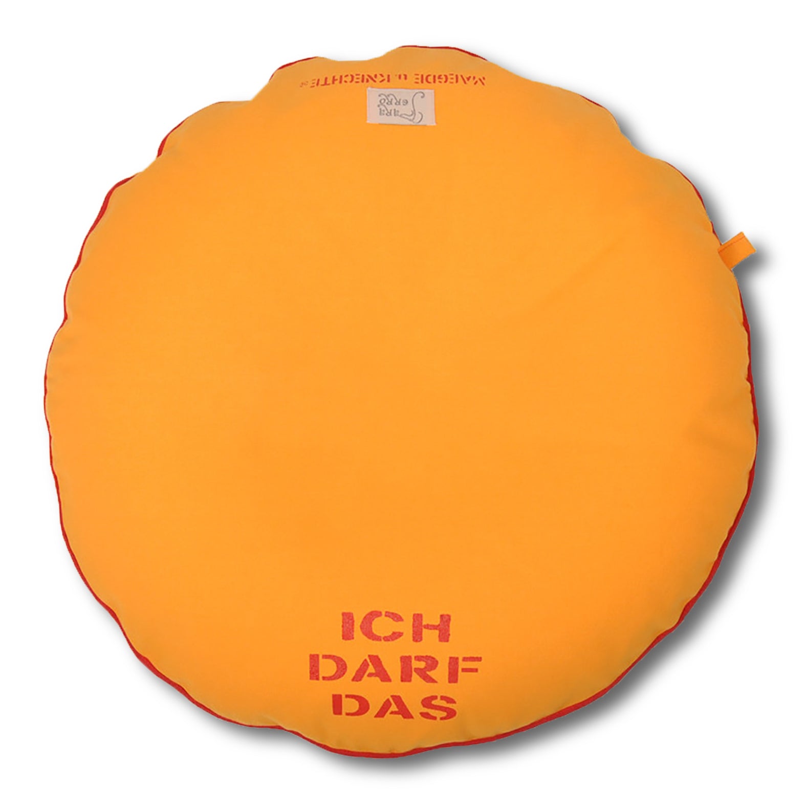 Hundebett rund aus Baumwolle Orange mit roter Schrift Ich darf das von Maegde u. Knechte für Minihunde