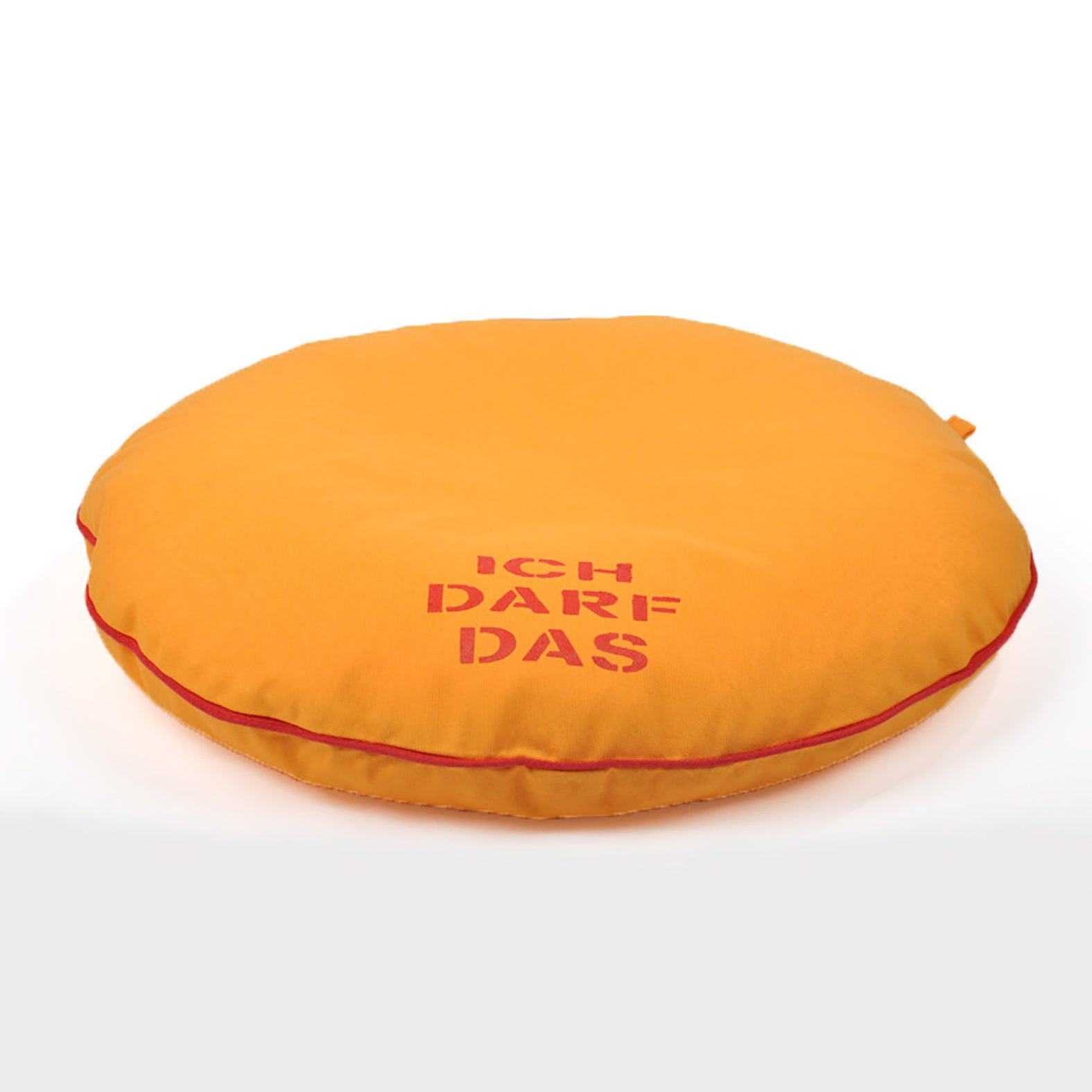 Hundebett rund Orange mit roter Schrift Ich darf das von Maegde u. Knechte für sehr kleine Hunde