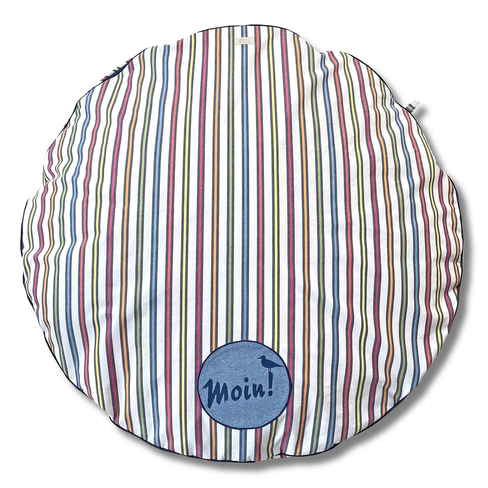 Hundekissen rund für große Hunde mit Möwe und Spruch Moin sowie bunte Streifen