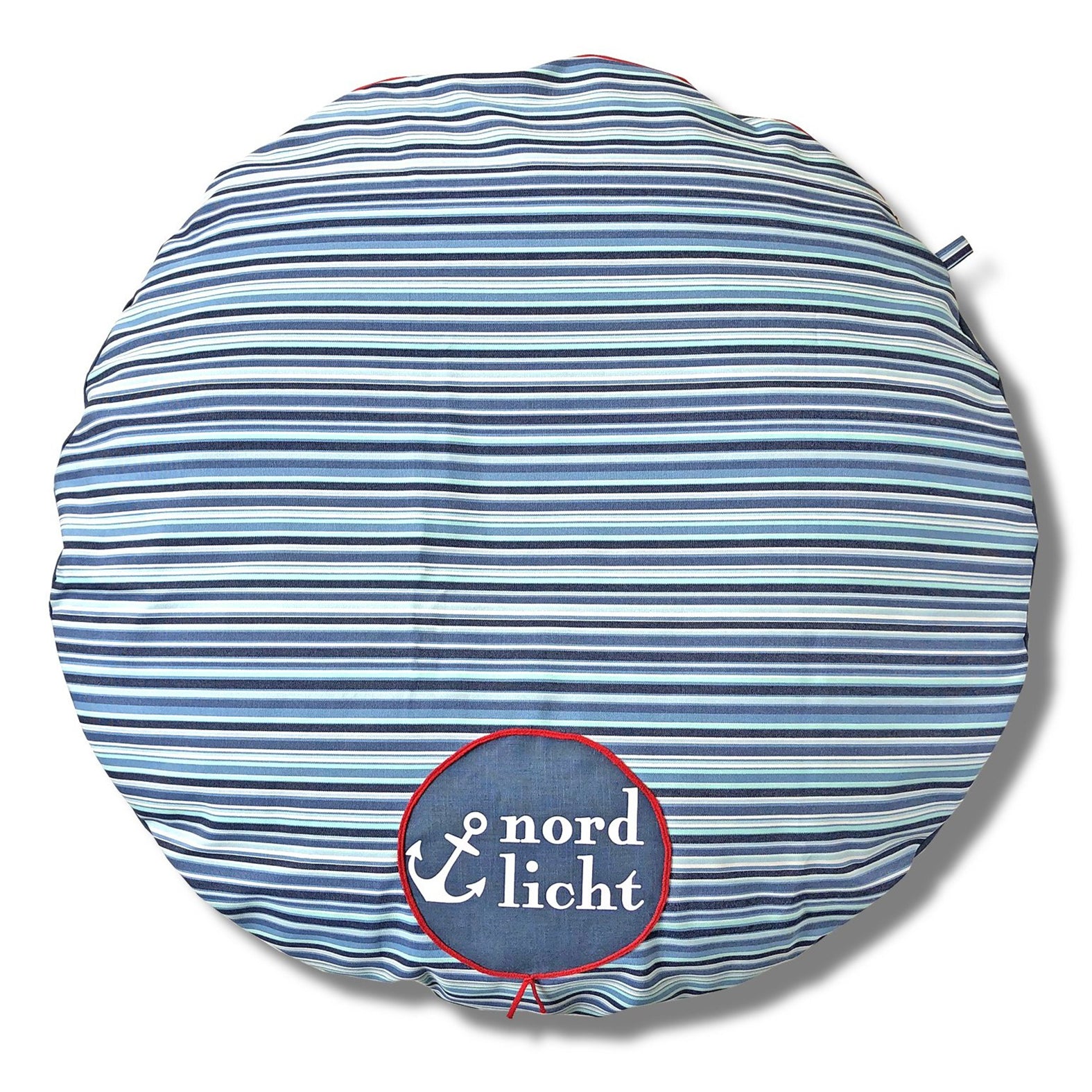 Rundes Hundebett Hundekissen rund mit Streifen in Blau und Applikation Nordlicht und Anker in Weiß für mittelgroße Hunde