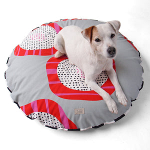 Hundebett rund Grau mit Pink und Rot Retromuster für mittelgroße Hunde wie z.B. Terrier
