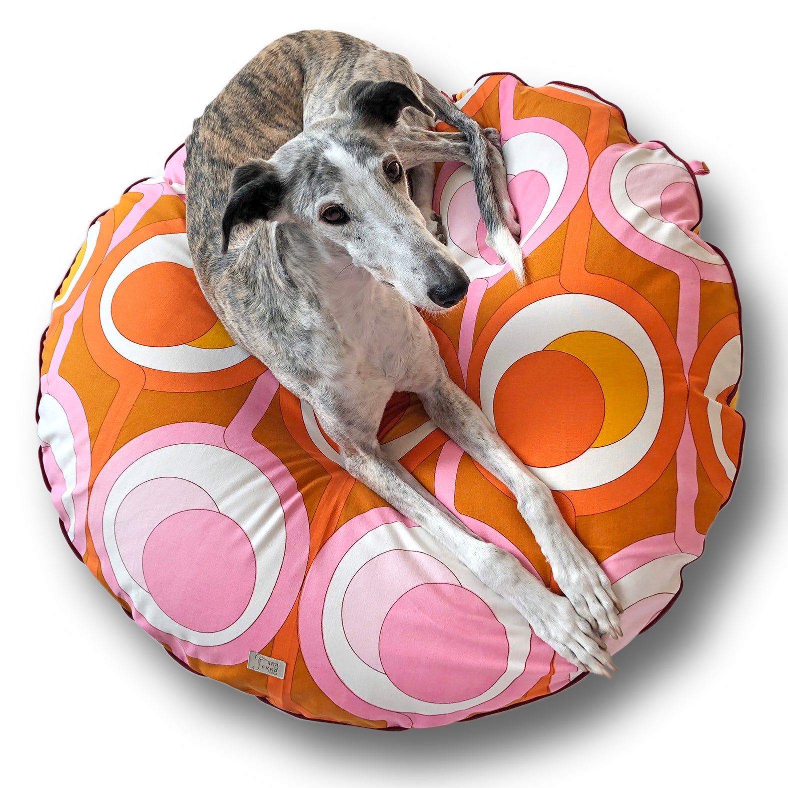 Hundebett rund aus Vintagestoff 70er Muster in Orange, Braun und Pink für große Hunde wie z.B. Windhunde