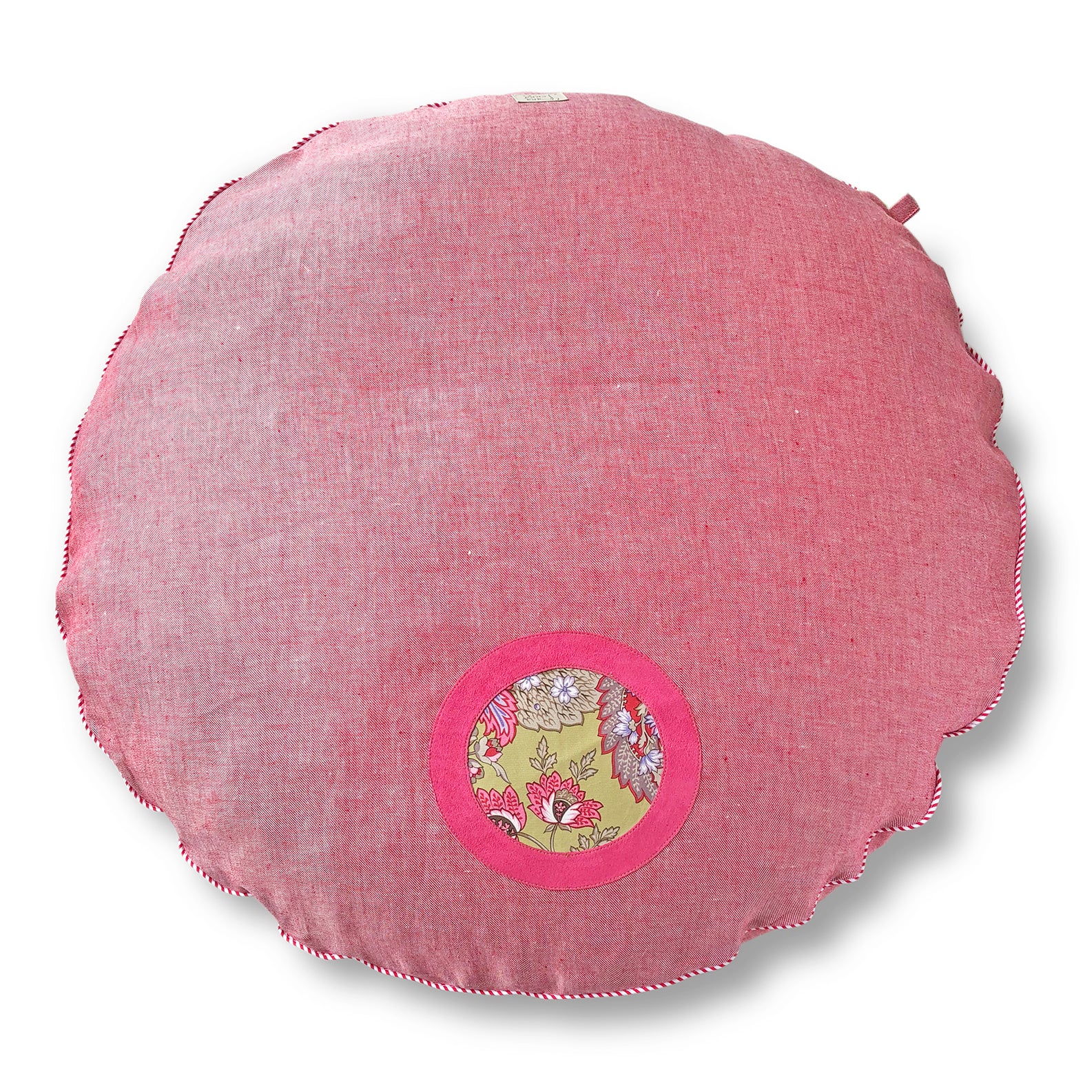 Hundebett rund in rot melierter Baumwolle und Applikation aus veganem Wildleder in Pink und abstrakten Blumen - für kleine und mittelgroße Hunde