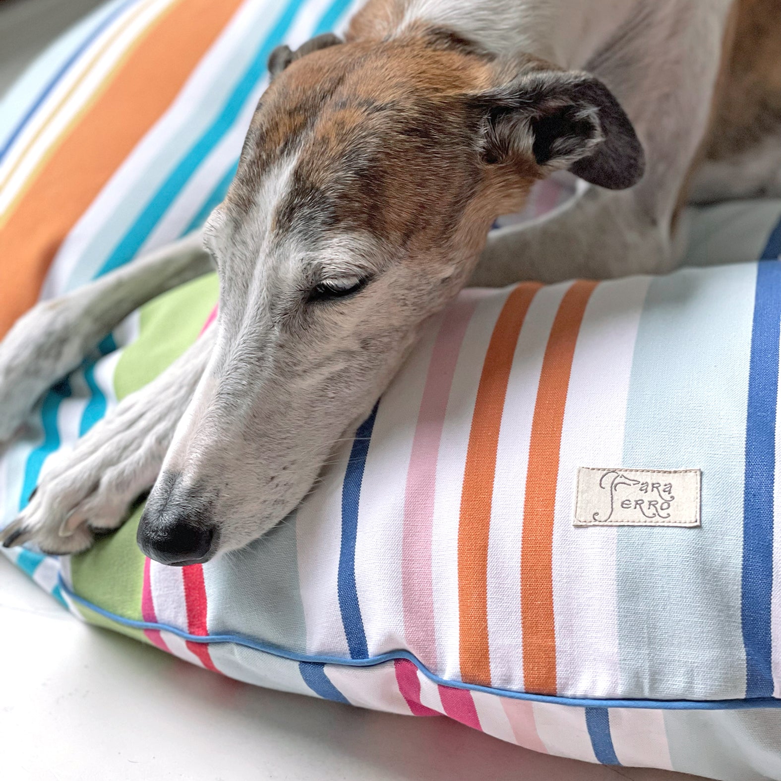Rundes Hundekissen mit Streifen bunt  gestreift für große Hunde Einzelstück