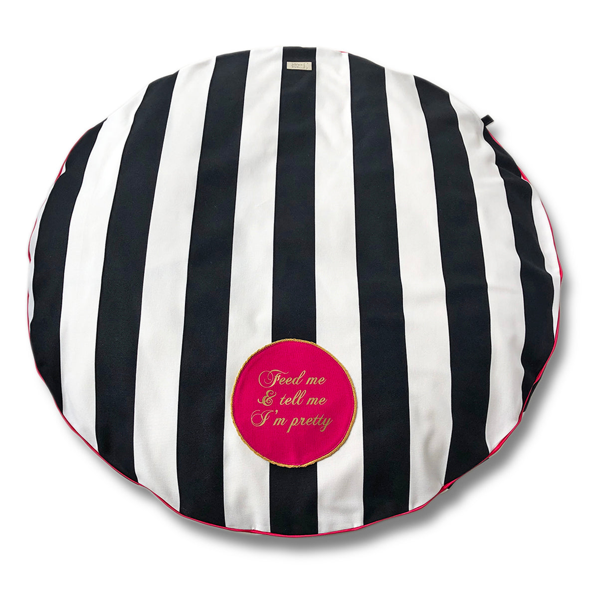 Hundebett rund für kleine bis mittelgroße Hunde in schwarz-weiß gestreift mit Applikation in Pink und lustigem Spruch