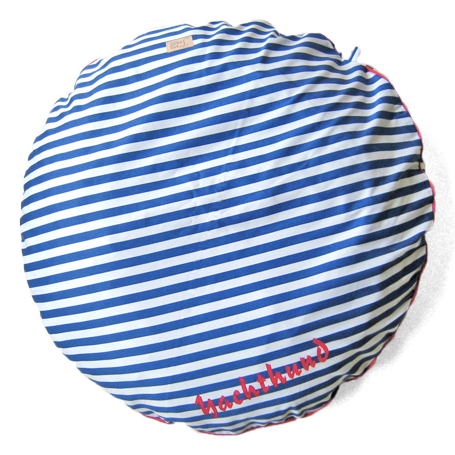 Hundebett rund mit Streifen in Blau und Weiß - maritim mit Aufdruck Yachthund - für mittlere bis große Hunde