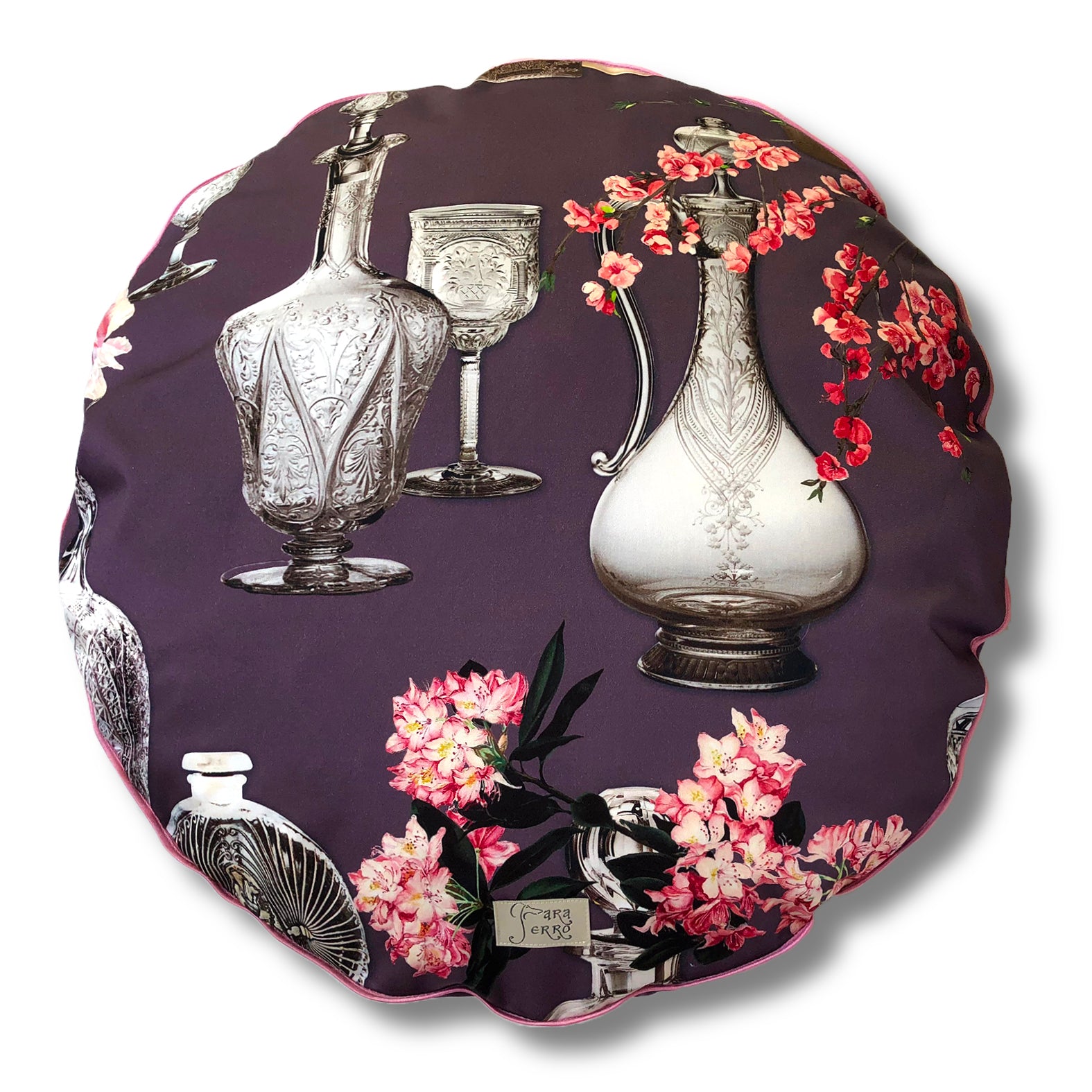 Hundebett rund in Violett mit Blumen und Vasen für kleine Hunde