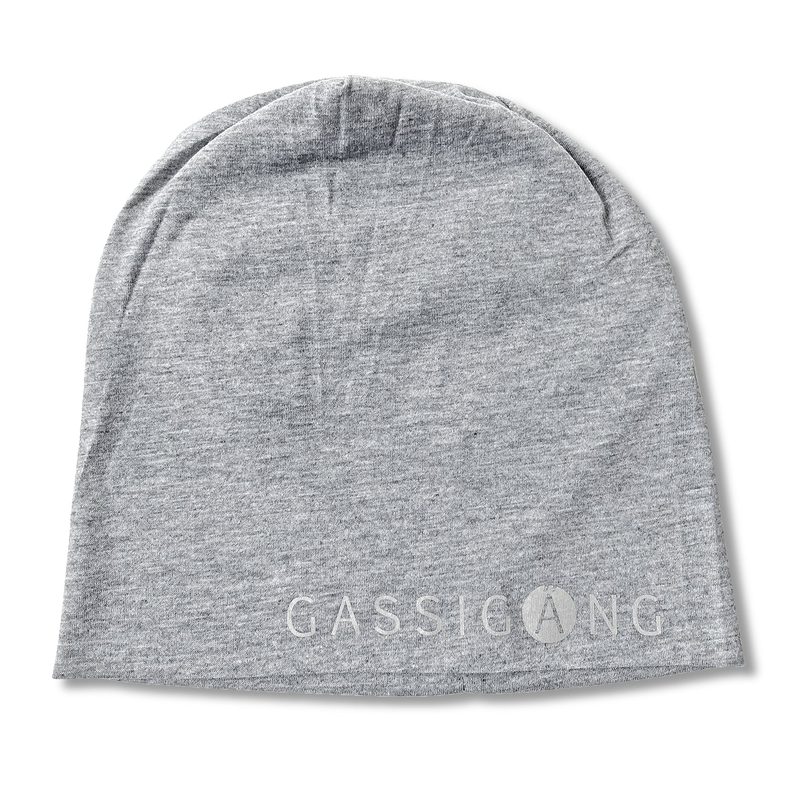 Mütze oder Beanie aus hellgrauem leichten Jersey mit nachtleuchtendem Aufdruck Gassigäng. Wird durch Licht einfall gerade Abends gut gesehen