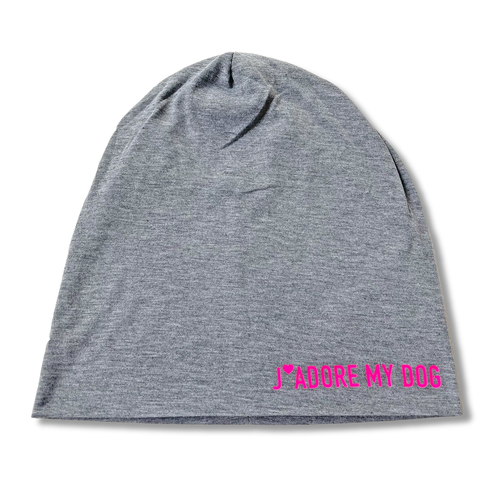 Hellgraue Beanie Mütze mit Neon Aufdruck J'adore my dog