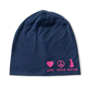 Dunkelblaue Beanie Mütze aus Jersey mit Aufdruck in Altrosa Love Peace Rescue