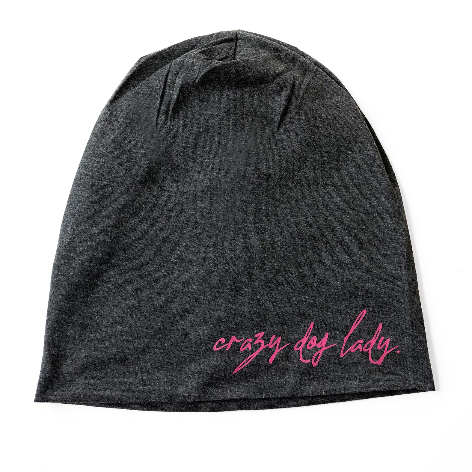 Dunkelgraue Beanie Mütze aus Jersey mit pinkfarbenem Aufdruck